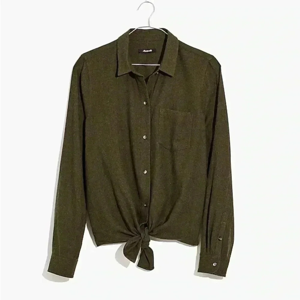 Madewell women’s NWT dark green flannel tie-front button down size XXS